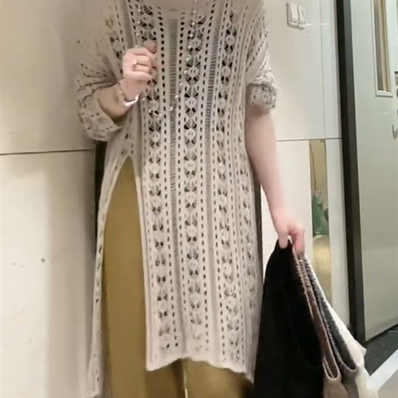 开叉镂空毛衣女罩衫2024年春秋新款宽松慵懒风设计感中长款长袖潮