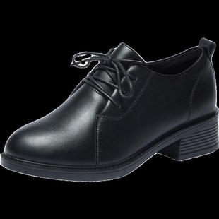 秋冬加绒黑色深口系带皮鞋圆头粗跟4cm女单鞋职业工鞋面试正装鞋