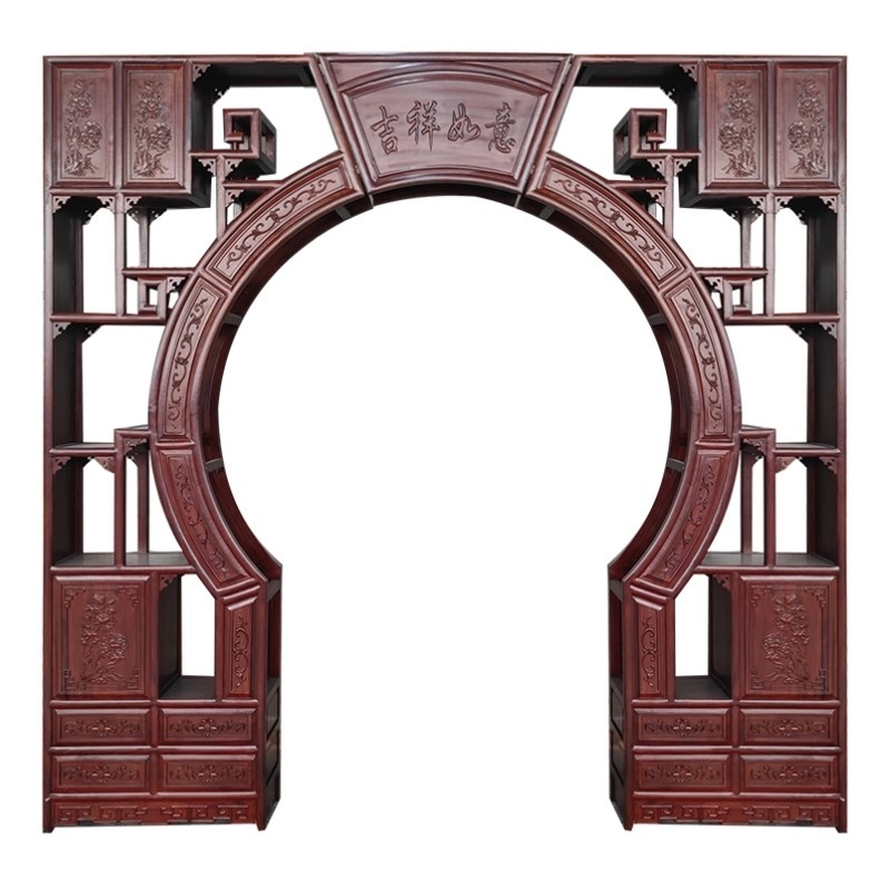 博古架中式仿古月亮圆拱门实木月洞门隔断客厅玄关多宝阁背景墙