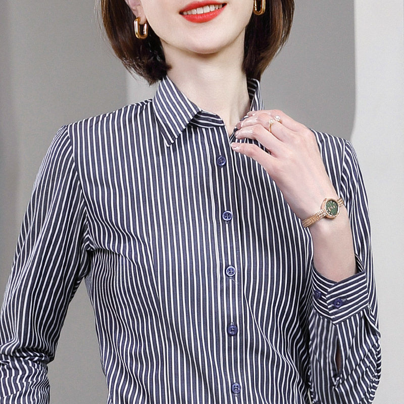 蓝白竖条纹职业衬衫女长袖t工作服套装春秋工装免烫商务正装衬衣