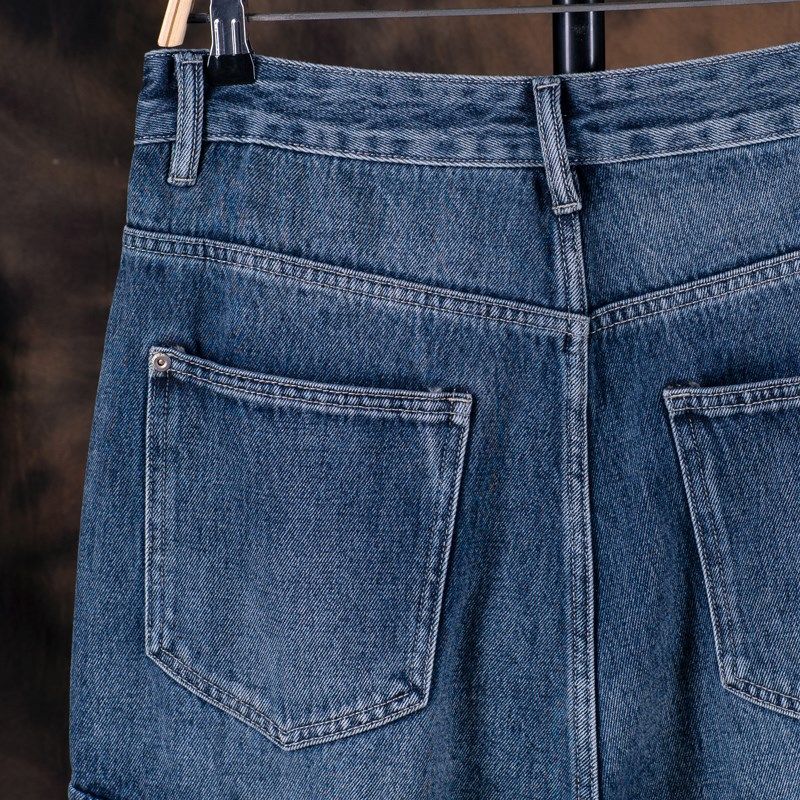 蓝色牛仔九分工装裤男宽松直筒潮胖子大裤腿垂感大码拼接款阔腿裤