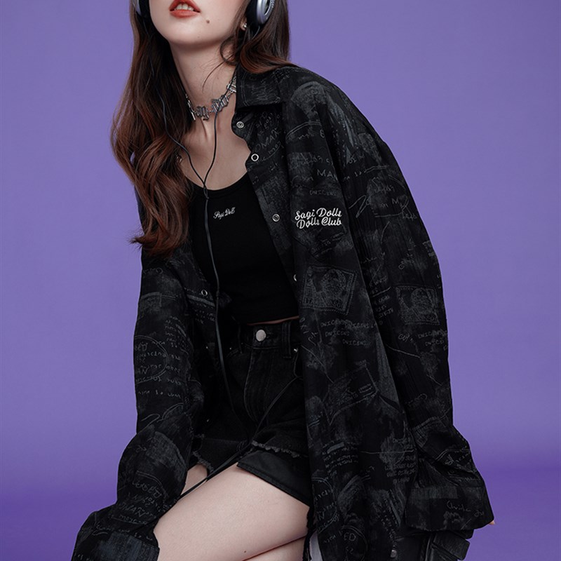 SagiDcolls少女斗志 清凉防晒慵懒甜酷黑色印花透气衬衫宽松百搭