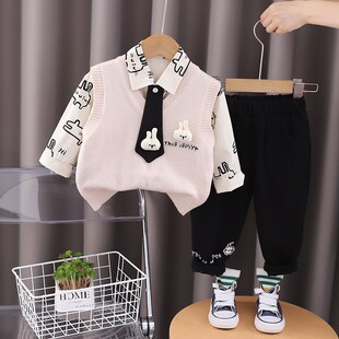 男童春秋款套装时髦儿童长袖衬衫帅气宝宝秋装毛衣马甲休闲三件套