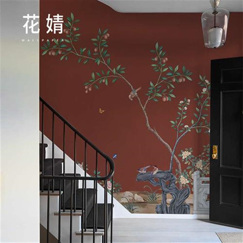花鸟壁纸中法式餐厅民宿背景墙纸壁画定制卧室酒店客房无纺布墙布