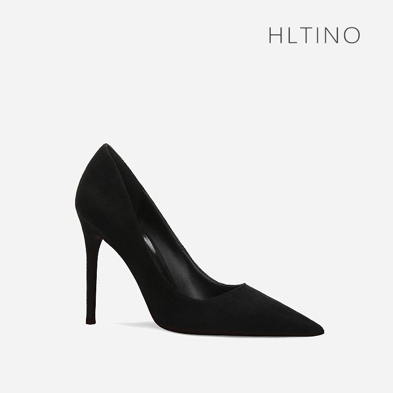 2024春季新款黑色绒面尖头高跟鞋女细跟法式高级感职业面试单鞋子