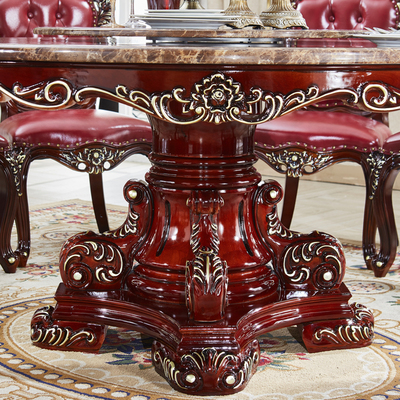 粤港家具 欧式餐桌全实木雕花大理石餐桌圆形饭桌餐厅带转盘餐桌