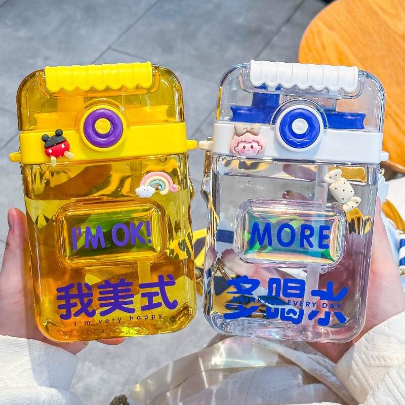 方形水杯女生高颜值塑料网红吸管杯子扁平便携学生男双饮杯随手杯