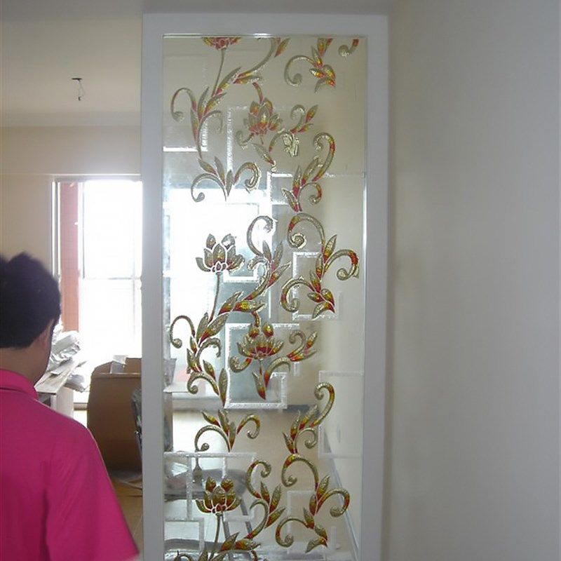 定制钢化雕刻工艺术玻璃隔断玄关屏风无框门透明底亮底 幸福花藤