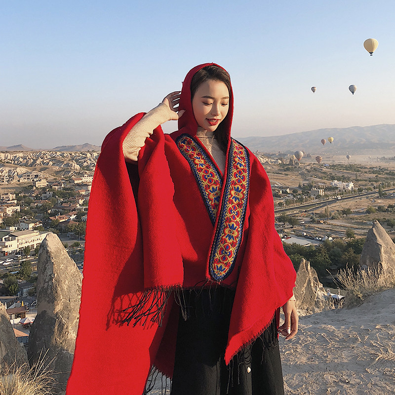 民族风连帽披风开叉斗篷披肩两用加厚红色旅游保暖围巾女冬天西藏
