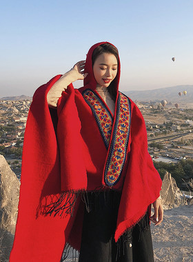 民族风连帽披风开叉斗篷披肩两用加厚红色旅游保暖围巾女冬天西藏