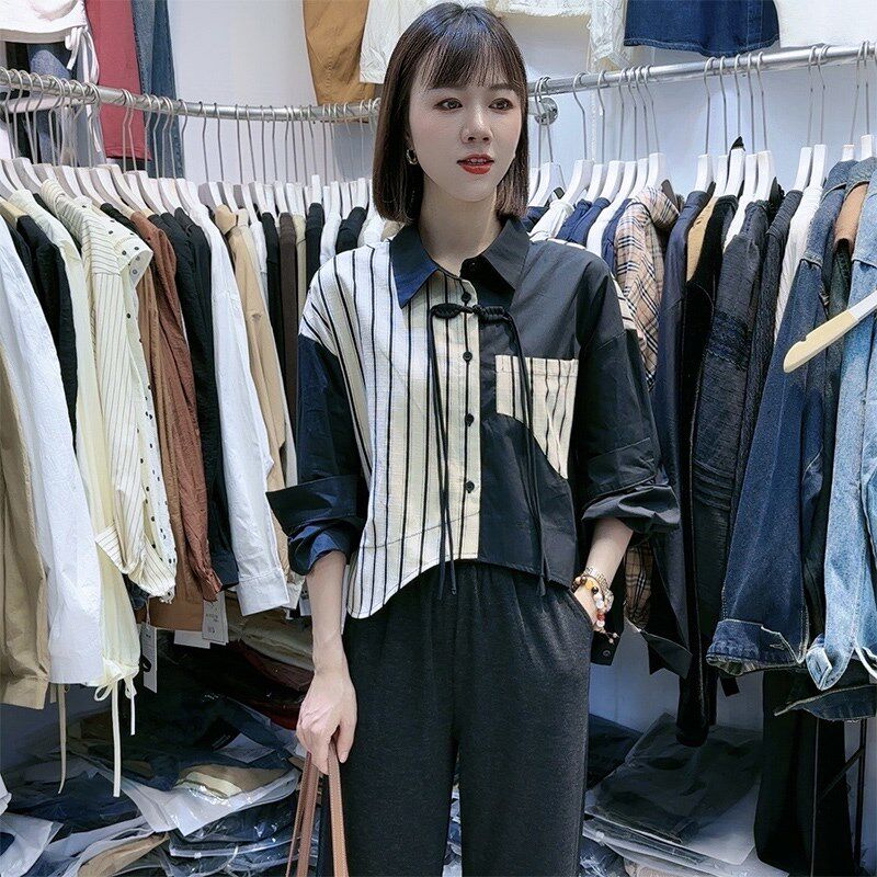 2024春秋季新款拼接条纹撞色衬衫女设计感百搭洋气不对称长袖衬衣