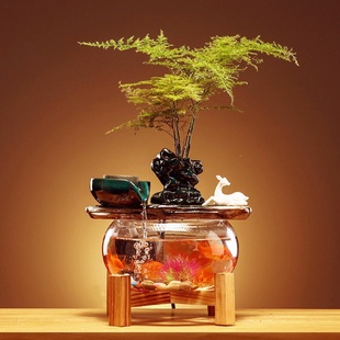 创意家用办公开业装 新中式 饰造景养鱼缸流水生财摆件桌面过滤陶瓷