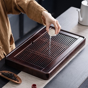 客厅干泡台茶具长方形功夫茶托盘家用茶台 黑檀色实木茶盘2024新款