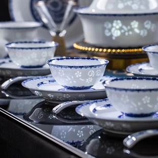高脚碗面碗轻奢高档中式 青花玲珑高温白瓷景德镇餐具套装 复古乔迁