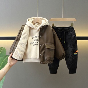 酷帅儿童加绒加厚皮衣外套三件套冬季 2025新款 衣服潮 套装 男童冬装