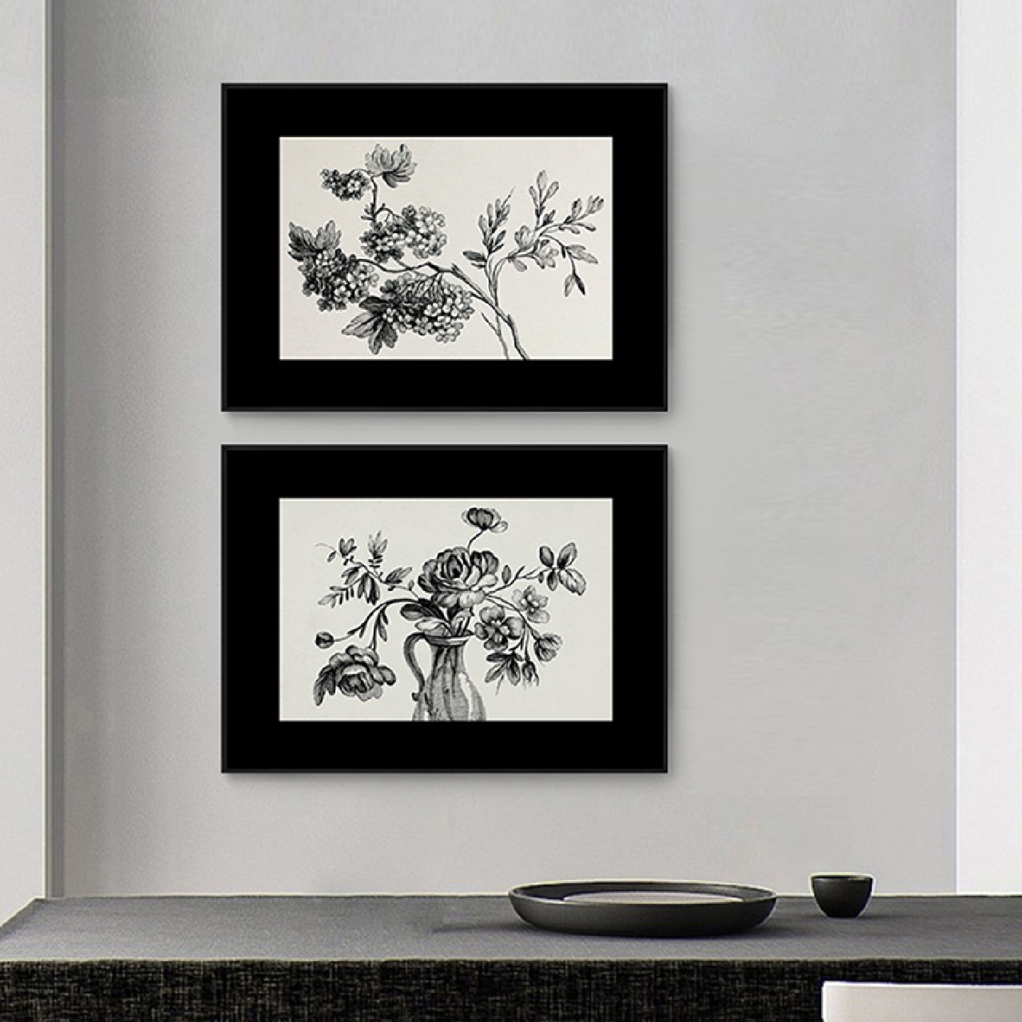 黑白线描花卉装饰画文艺复古风植物黑色卡纸壁画ins中古插画挂画图片
