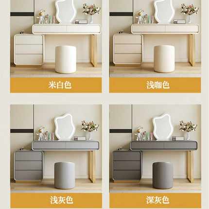 极简皮艺实木梳妆台可伸缩小户型卧室奶油风轻奢化妆桌斗柜一体