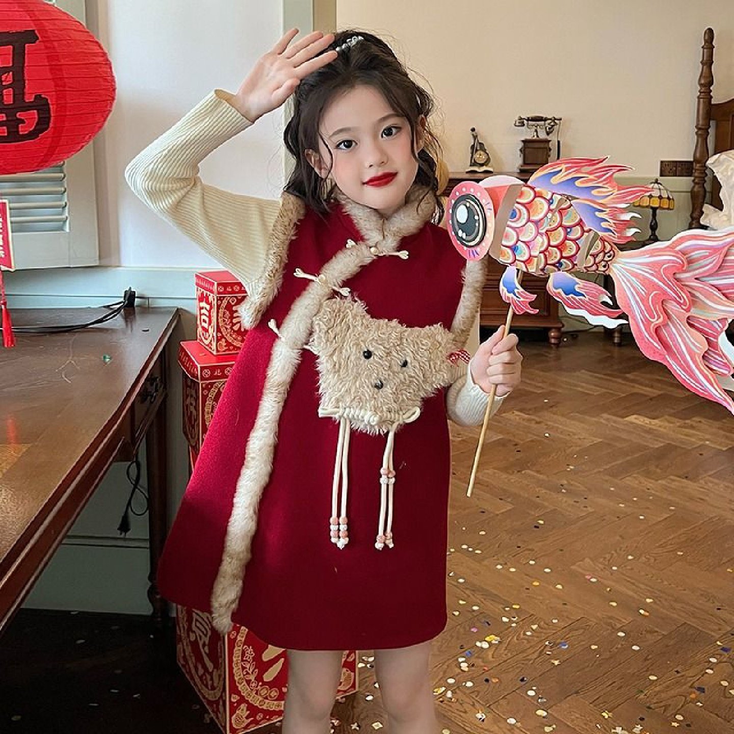 女童新中式旗袍裙2024冬装新款女宝宝加绒年服裙子秋冬加厚连衣裙