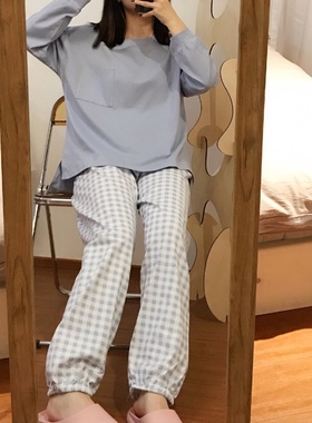 韩国ins风睡衣女格子长袖套装纯棉春秋季泫雅网红款可外穿学生冬