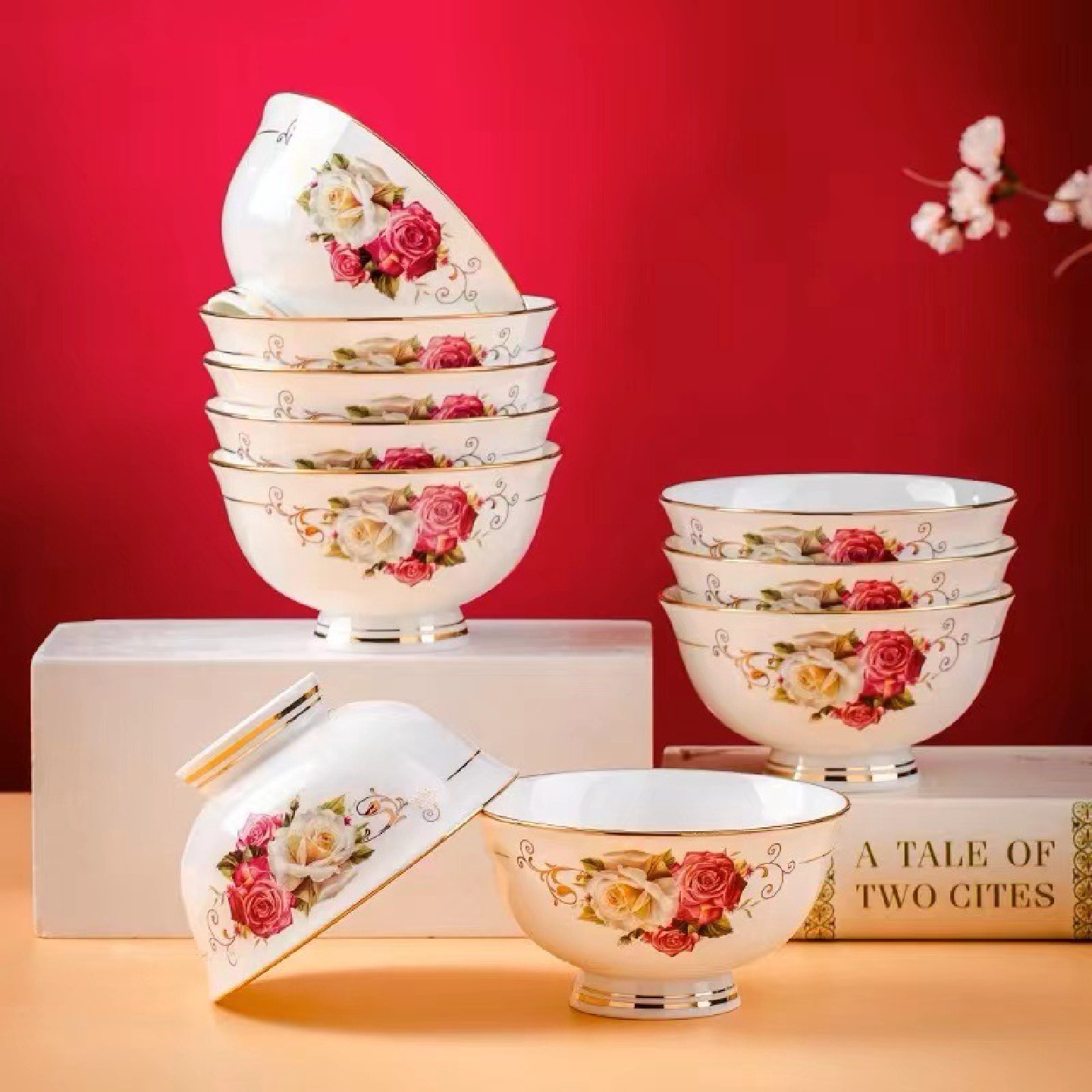 景德镇陶瓷碗4.5英寸家用高脚饭碗米饭碗手工描金高颜值欧式餐具