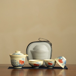 快客杯 仿宋汝窑旅行茶具一壶三杯家用陶瓷泡茶壶手抓壶户外便携式