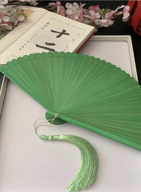 古风扇子纯色果绿色全竹小折扇女式随身夏季折叠复古汉服旗袍