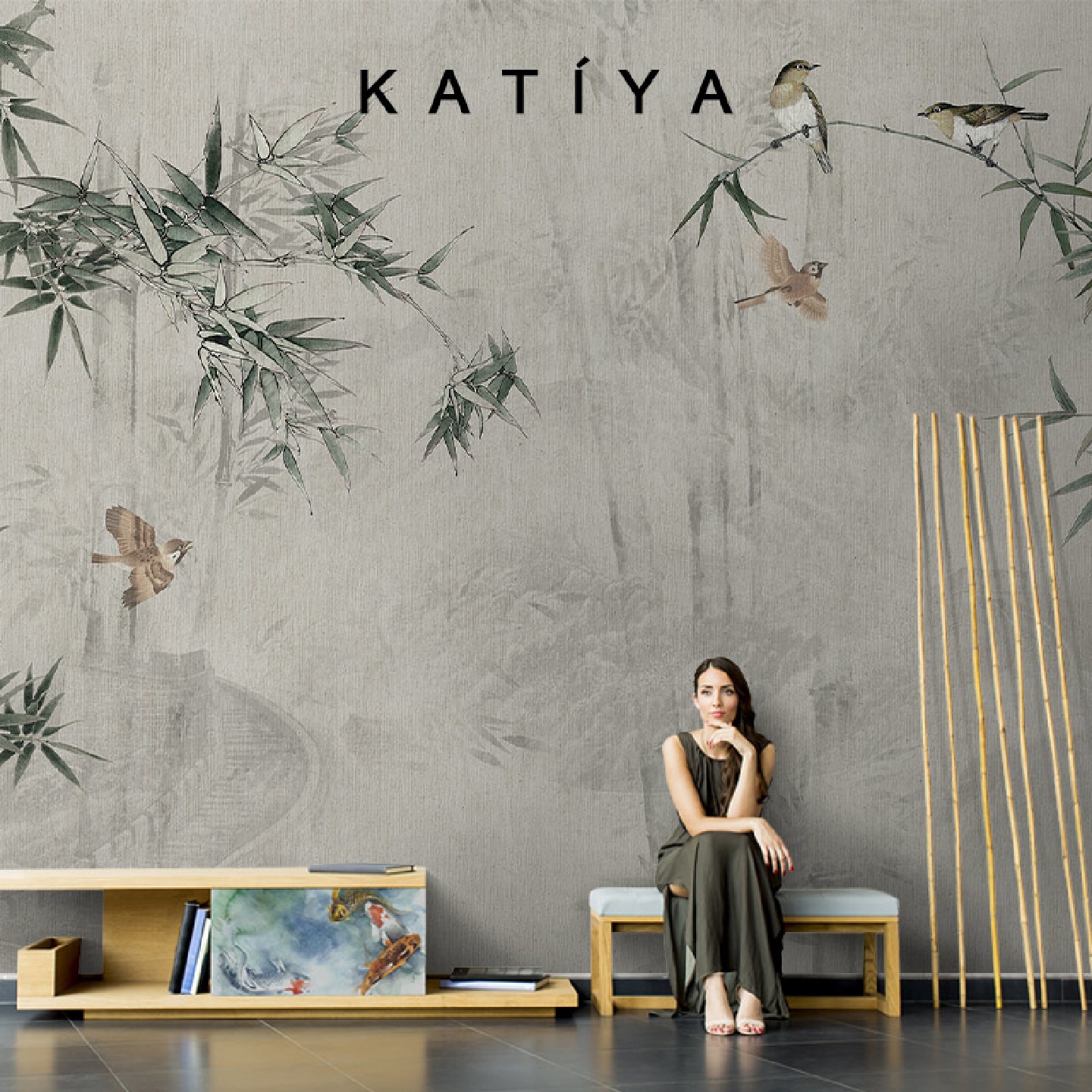 Katiya新中式竹子水墨墙布花鸟壁纸电视背景墙复古典手绘壁画装饰