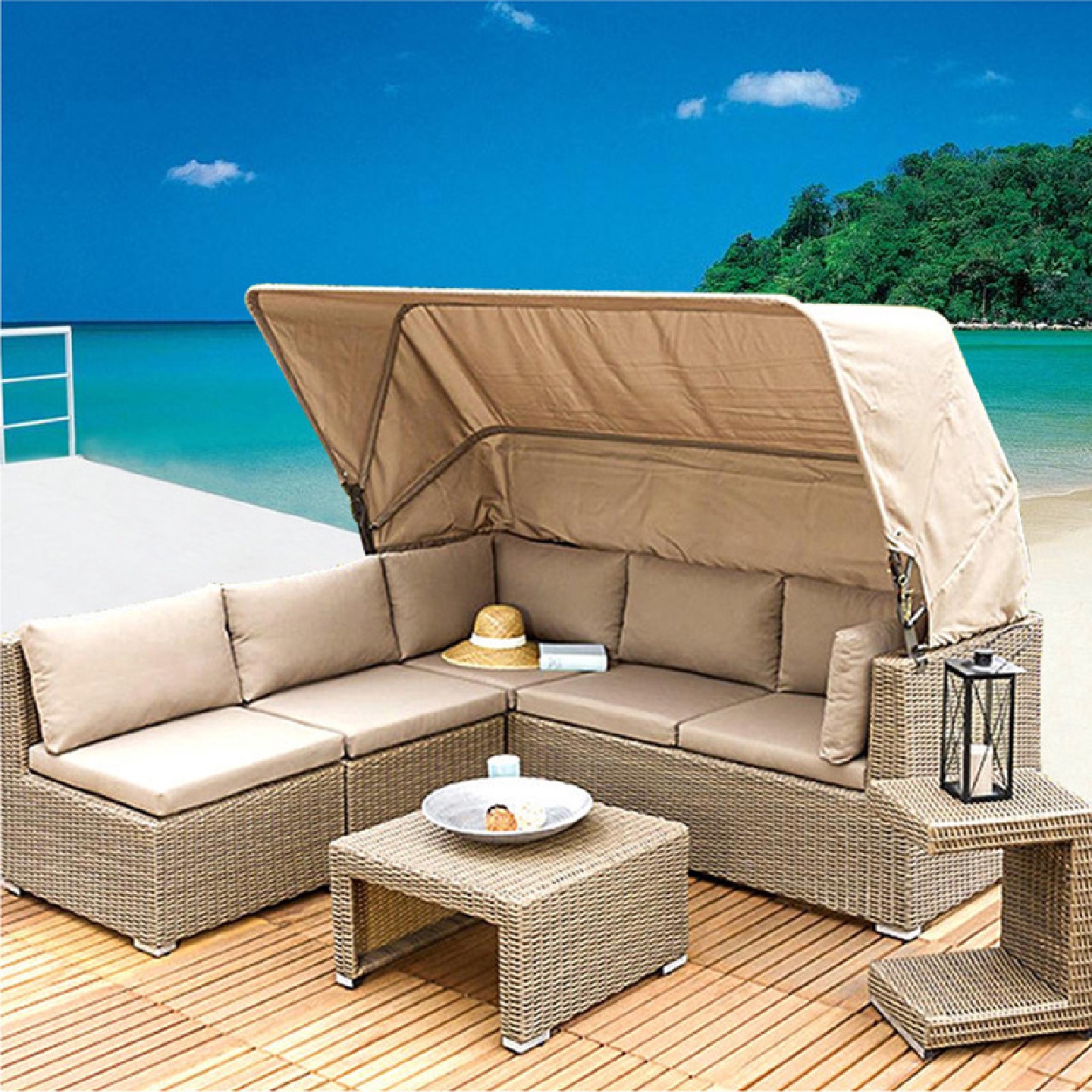 户外沙发露台仿藤沙发带蓬阳台躺床休闲庭院酒店藤编茶几组合藤椅