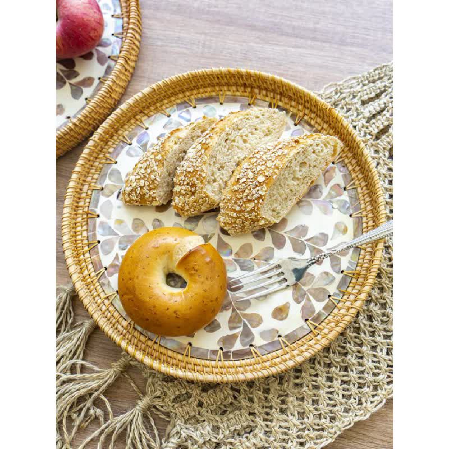 RI0T贝壳水果篮藤编面包篮托盘收纳筐编织果盘馍篮子秋藤手工木质