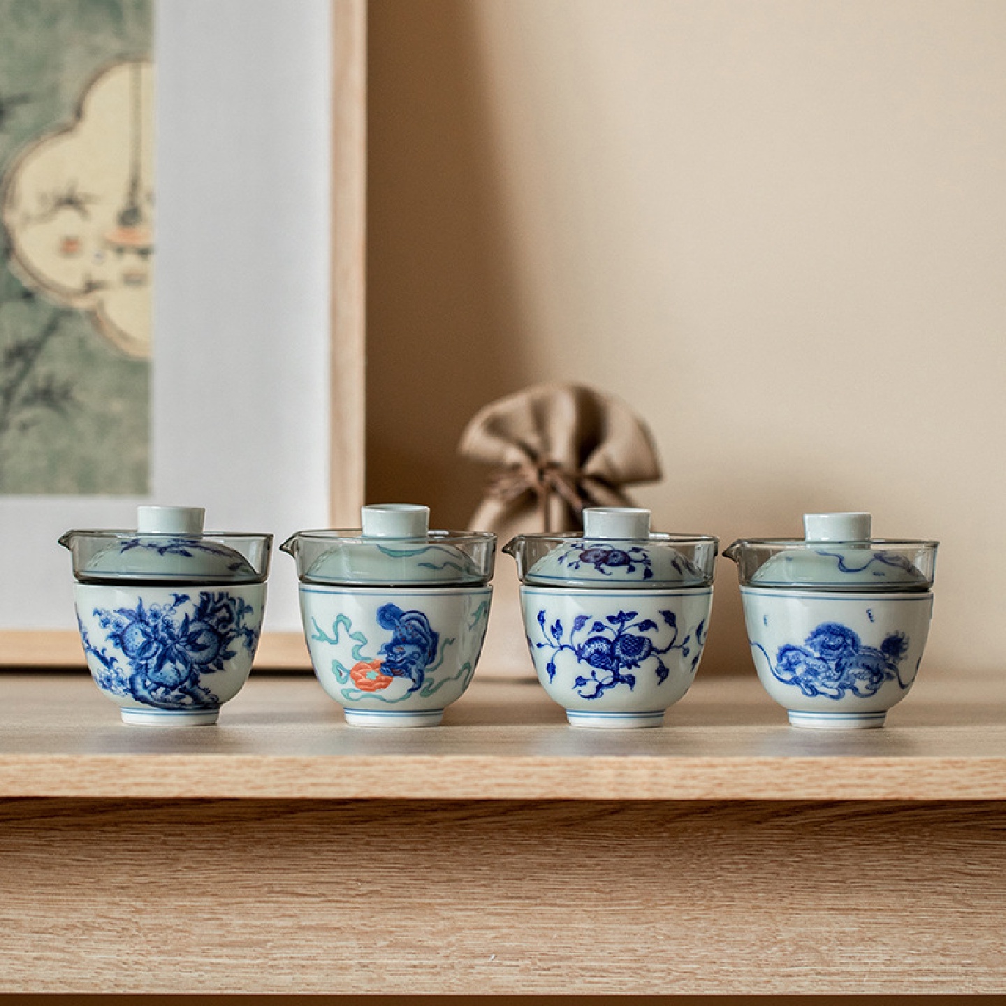 仿古青花陶瓷一壶一杯手抓壶快客杯户外便携旅行茶具一人饮小套装