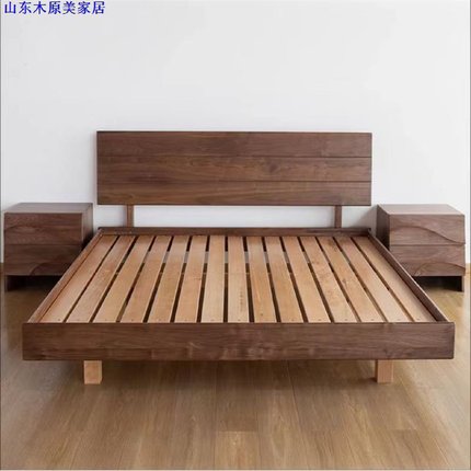 北美黑胡桃榫卯全实木床北欧简约日式枫木樱桃木小户型悬浮双人床