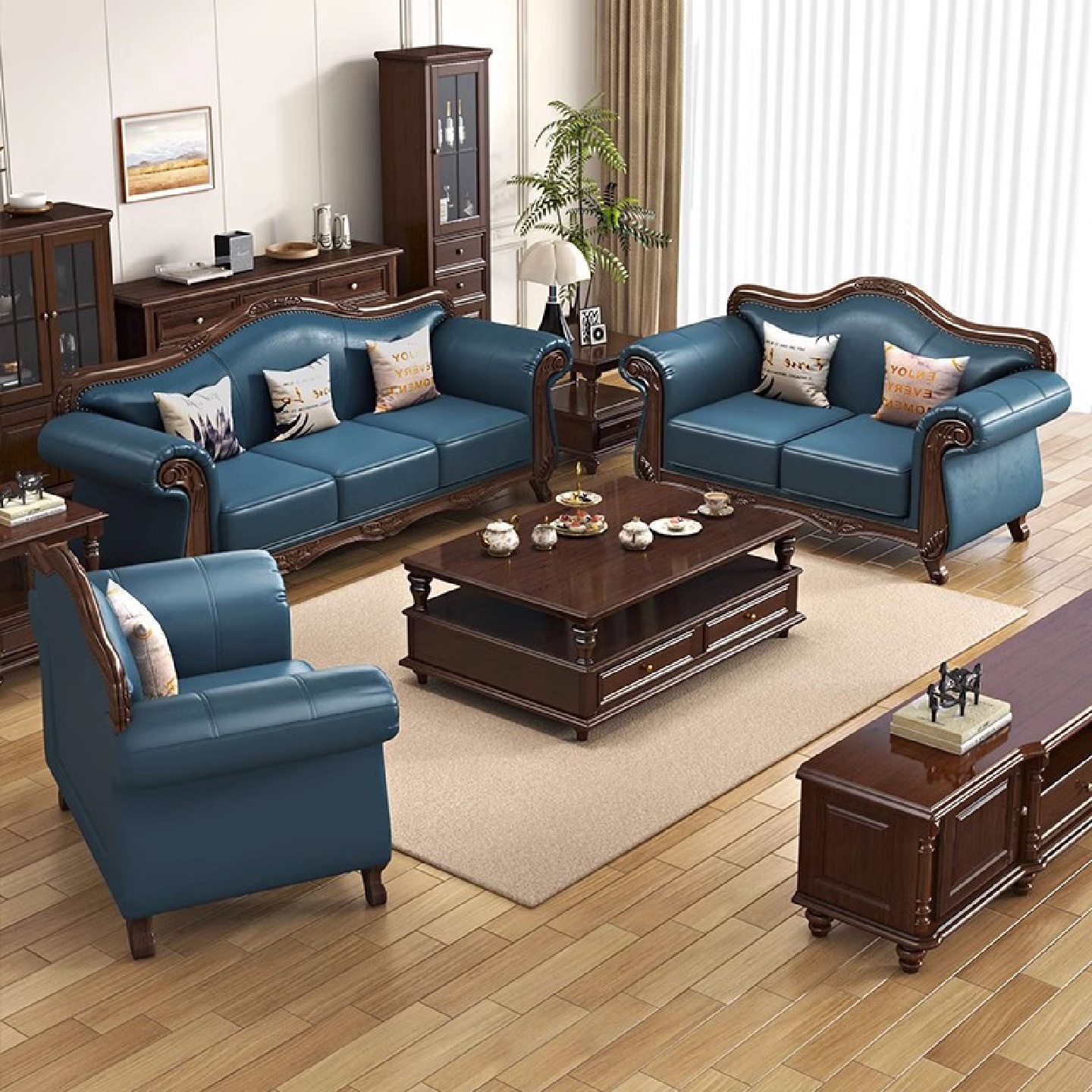 美式乡村复古原木皮艺沙发头层牛皮1234组合简美田园风格客厅X20