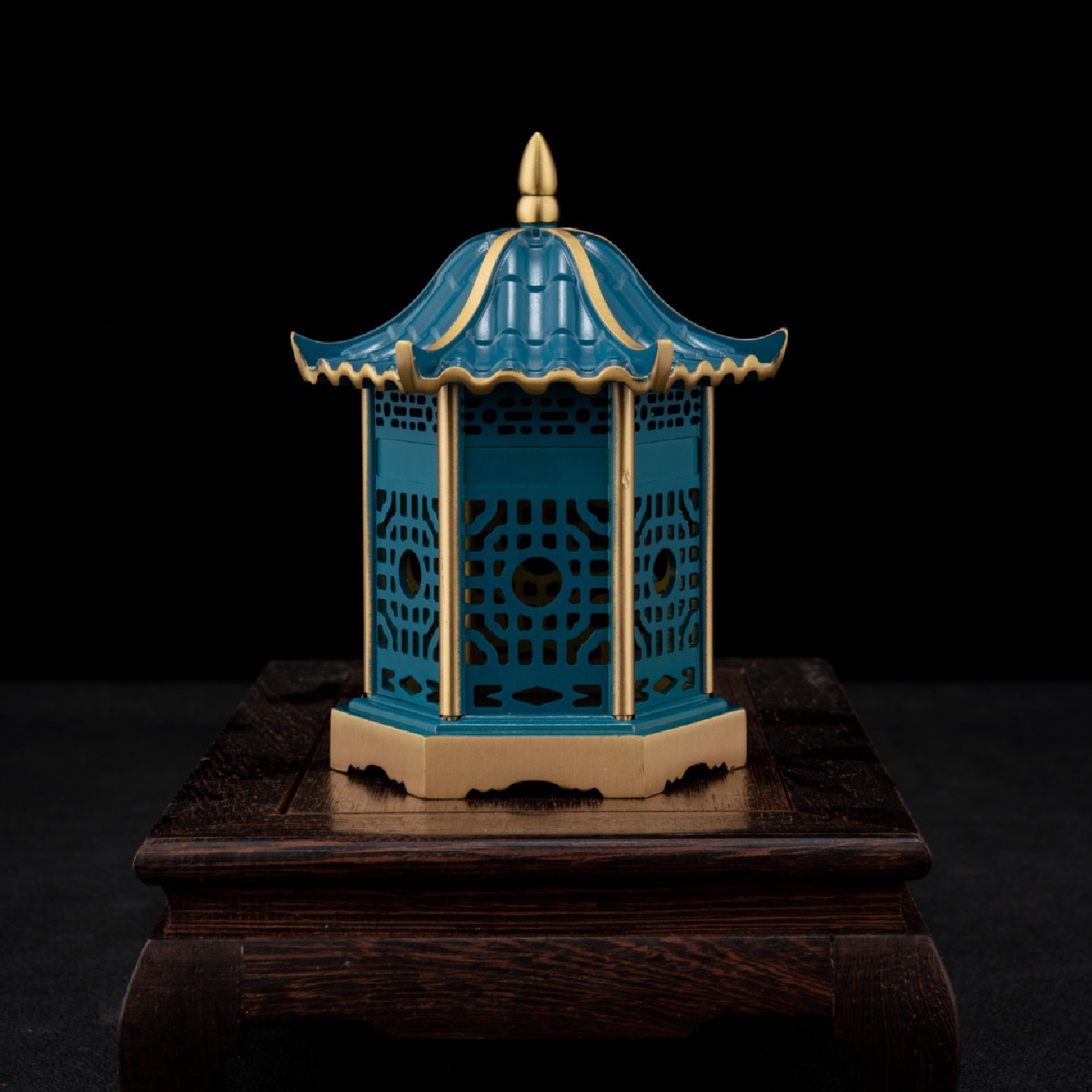 中式黄铜烧蓝塔香炉家居摆件饰品六角香炉创意古建筑凉亭装饰品