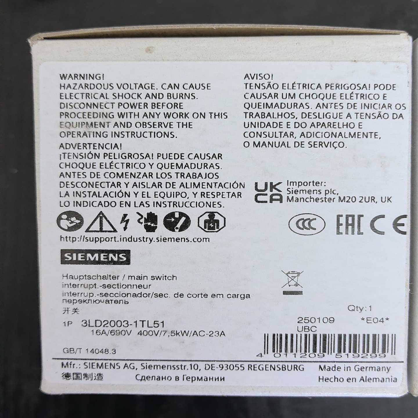 询价全新原装西门子隔离开关，型号3LD2003-1TL51，1P