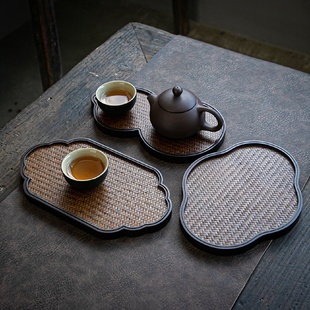 重竹席面干泡盘宋席竹茶盘手工祥云型复古创意茶托家用壶垫干泡台