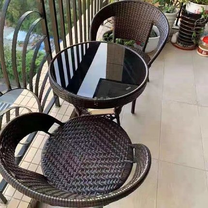 简易阳台小茶桌家用小户型喝茶桌客厅藤编小茶几桌椅组合玻璃万百
