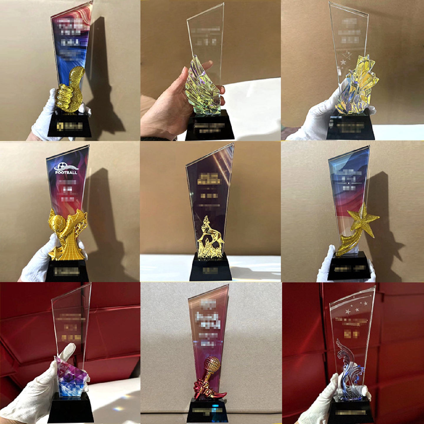 水晶玻璃刀片形状奖杯金属贴片一鹿向前花团锦簇大拇指琉璃五角星