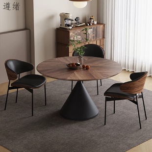 胡桃色桌 中古风拼花实木圆形餐桌家用小户型复古饭桌吃饭设计师款