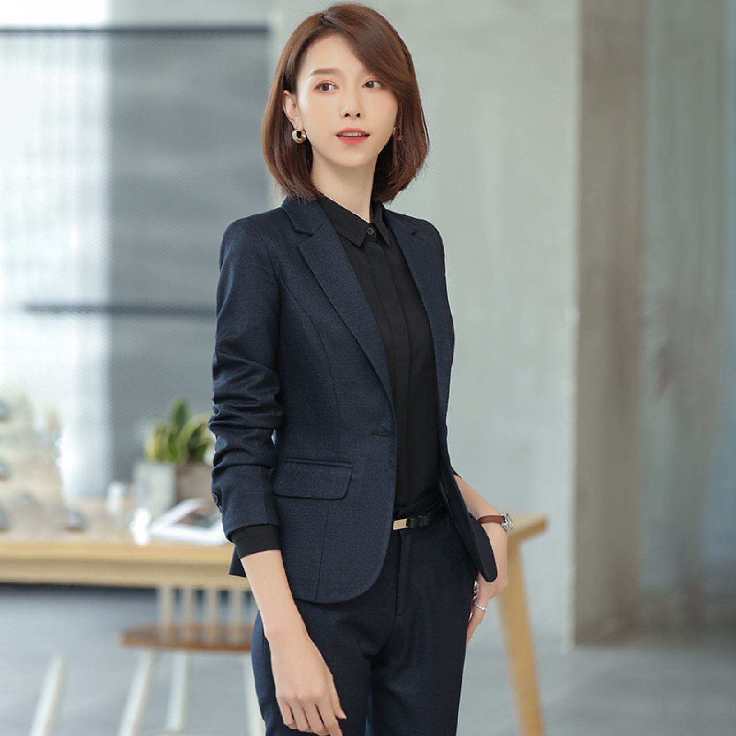 西装套装女春秋藏蓝色时尚气质酒店经理上班工作服职业小西服外套