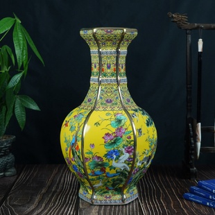 陶瓷家居客厅装 仿古珐琅彩花鸟六方瓶景德镇中式 饰花瓶工艺品摆件