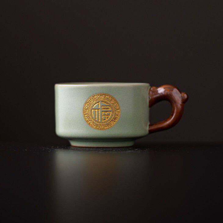陶瓷柴烧带把小茶杯定制百家姓功夫茶杯手绘主人杯盖碗品茗杯