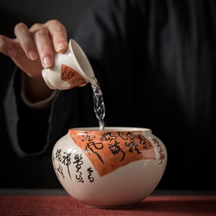 草木灰诗文建水家用茶洗禅意复古茶渣缸大号杯洗小笔洗陶瓷茶道