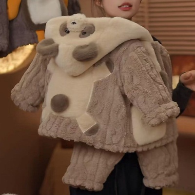 熊猫儿童睡衣套装2024新款冬装三层加厚休闲保暖两件套家居服