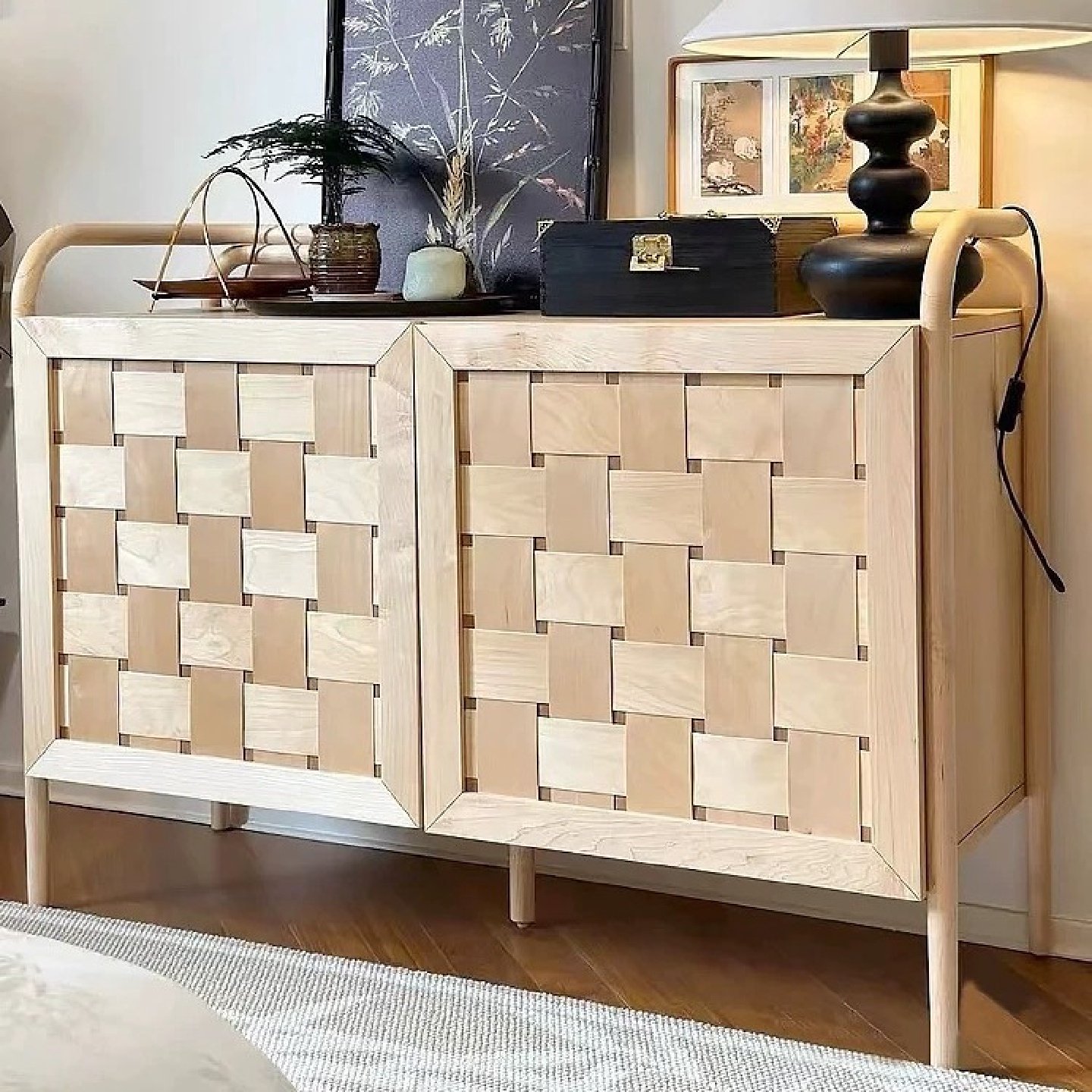 日式简约实木编藤储物柜原木色餐边柜北欧风多功能收纳柜斗柜组合,居家布艺,入户地垫,淘宝优惠券,粉丝福利购,淘宝优惠卷