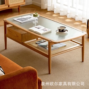 樱桃木茶几家用客厅小户型简约实木矮桌长方形藤编玻璃办公桌 日式
