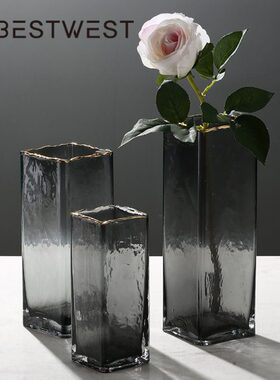 博西家居 烟灰色直筒方缸水培金边玻璃花花器摆件家居软装饰品