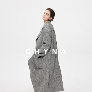 李大琪【前卫设计】设计师款高级条纹花灰色绵羊毛呢外套长款大衣