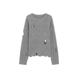 李大琪【破洞毛衣】时尚设计师感竖坑条菱形格圆领毛针织衫套头衫