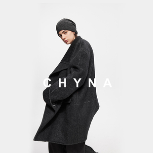 李大琪【大灰狼】设计师款兔毛桑蚕丝绵羊毛呢大衣外套中长款大衣