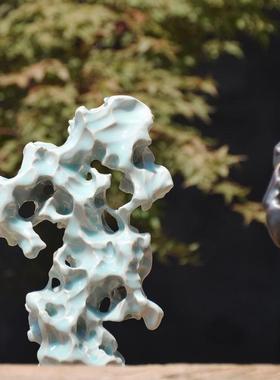 陶瓷太湖石山子摆件枯山水石头纯手工镂空雕刻假山石茶席笔架摆件